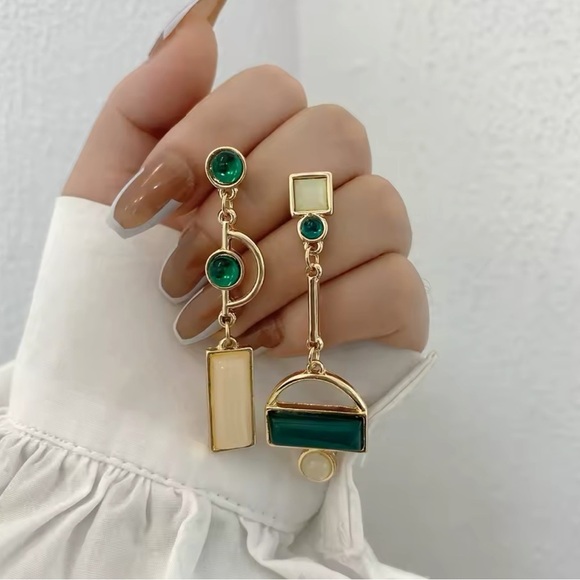 Anthropologie Gold and Green Asymmetrical Geometric Earrings - Picture 3 of 14